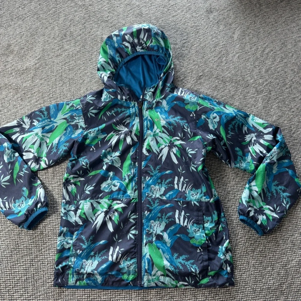 Columbia Girls Reversible Hooded Windbreaker Jacket Tropical Floral Teal L 14/16